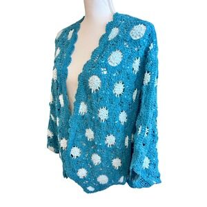 POL Crochet Cardigan Women Teal Blue Polka Dot Granny Square Boho Festival